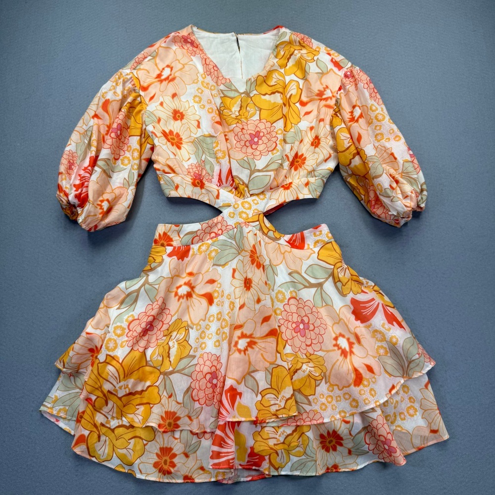 Maverick Skies Floral Cutout Mini Dress Orange Yellow Retro Boho Womens Size 4